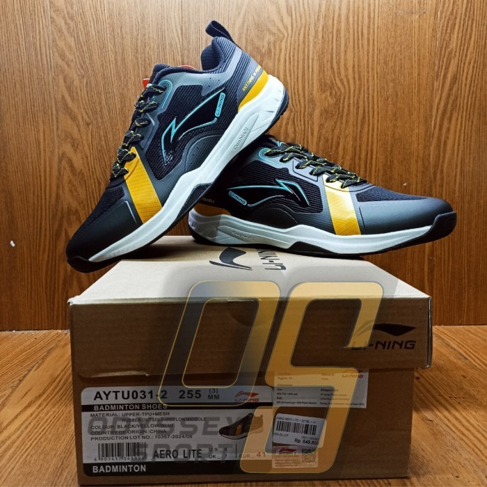 Sepatu Badminton Lining AERO LITE (Black/Yellow/Blue) 100% ORIGINAL - 39