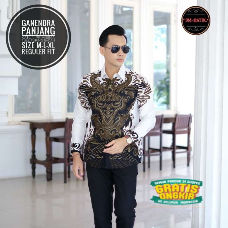 Baju Batik PUTIH Pria terbaru hem kemeja batik Ganendra Putih Batik lapis furing Lengan PENDEK Panja