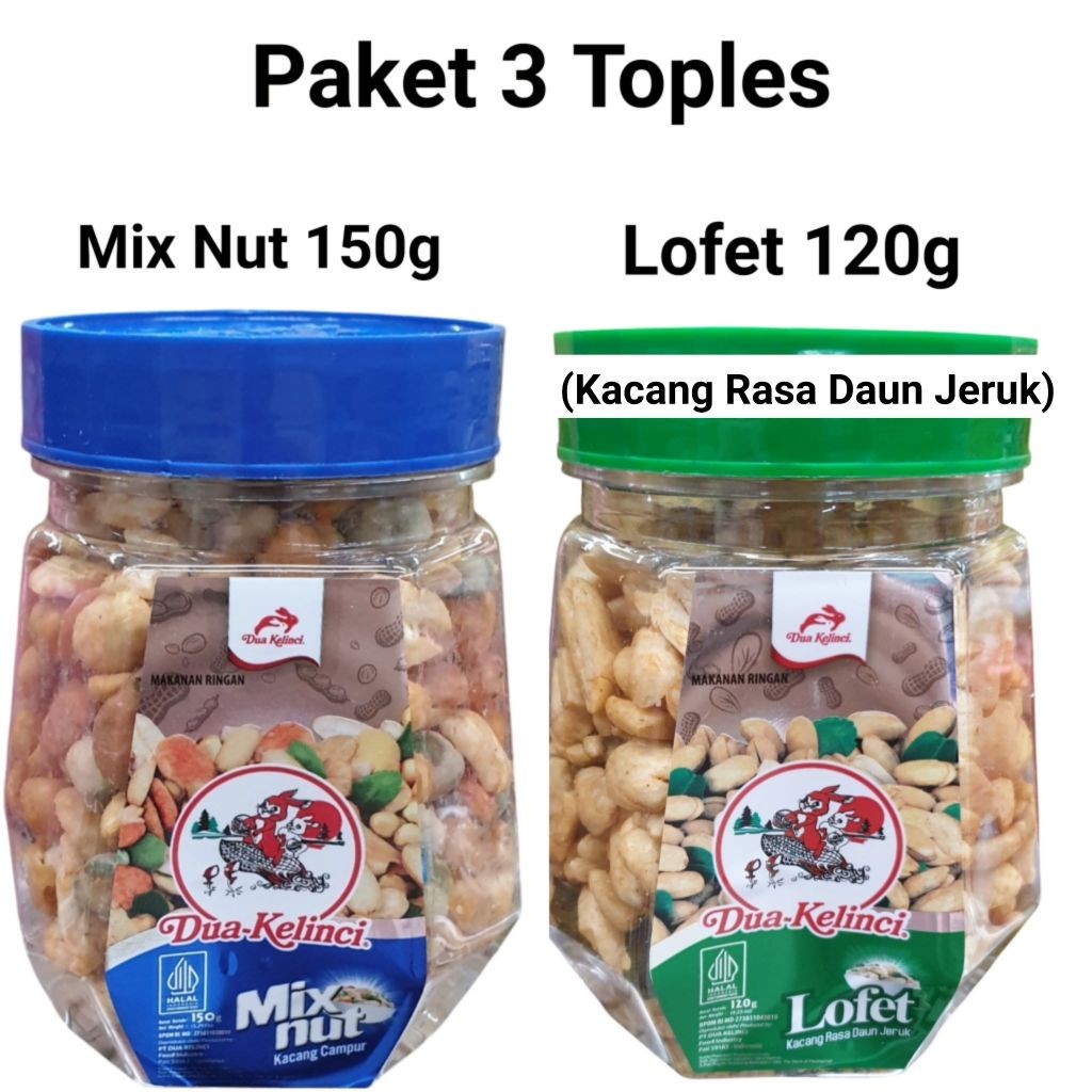 

Paket 3 Toples Kacang Dua Kelinci Mix Nut / Lofet Rasa Daun Jeruk pusat grosir jajan hari raya