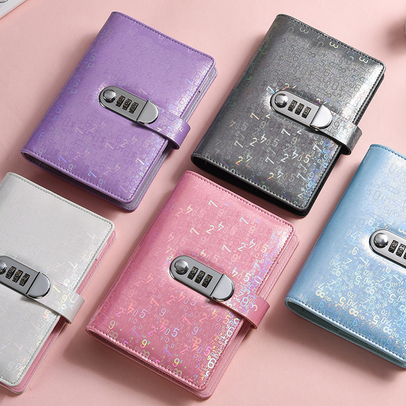 

New A6 Laser Coded lock PU Clip-on Notebook Leather Loose Leaf Notebook Cover Notebooks Journal Kawaii Stationery