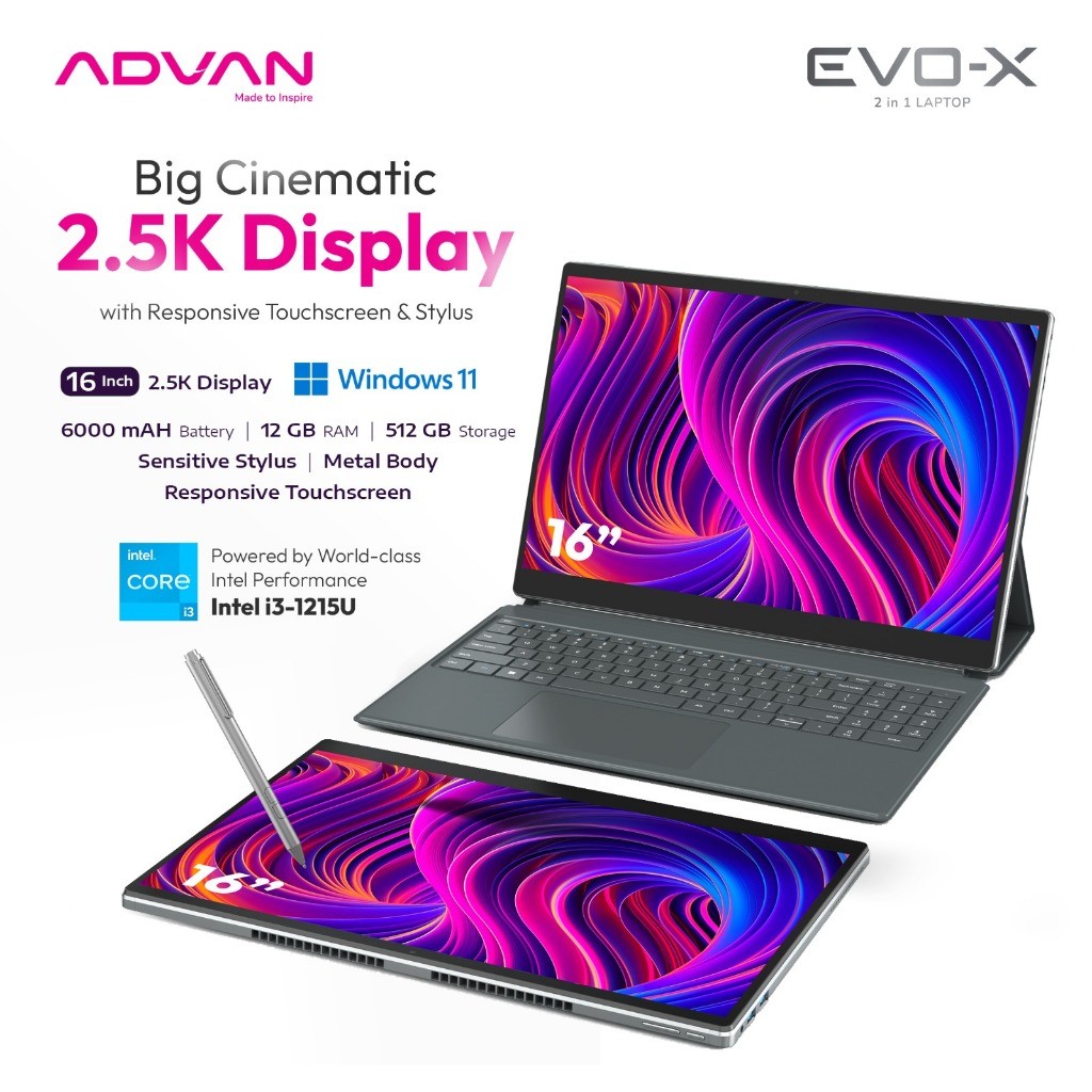 [BEST DEAL] ADVAN Laptop 2 in 1 EVO-X 16” Touch Screen Detachable 2.5K Display Intel i3-1215U 12GB/5