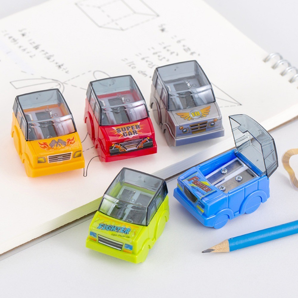 

4pcs Cartoon Car Pencil Sharpener Double Hole Creative Pencil Cutting Tools Prize Rewards Kawaii Student Stationery