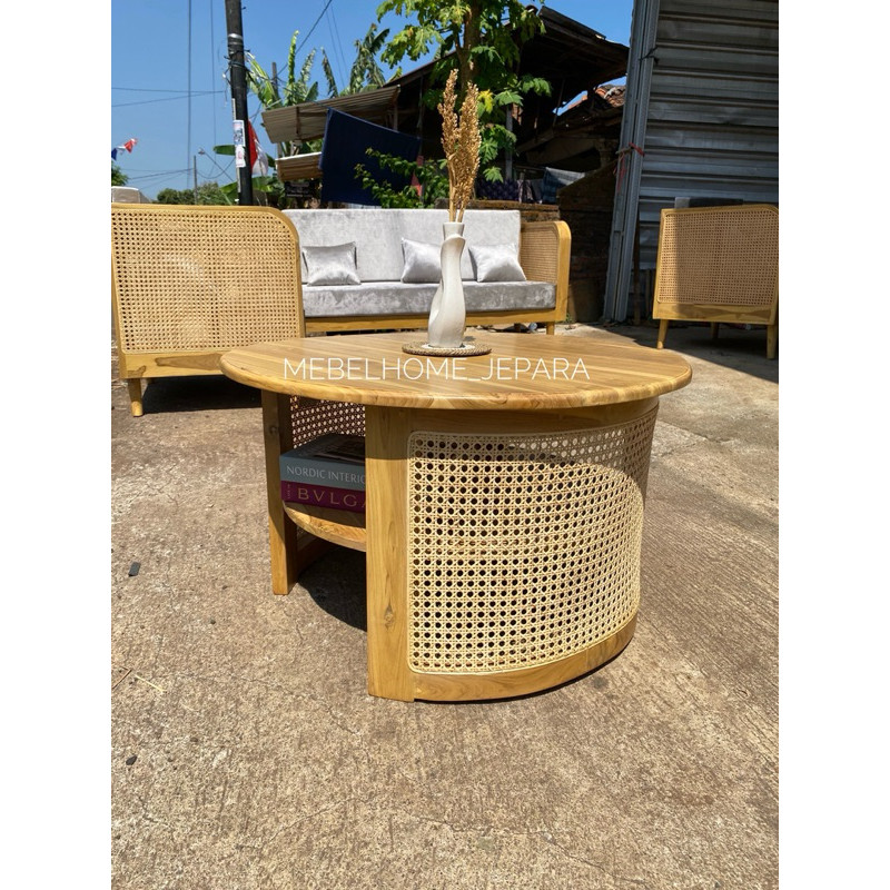Meja Bulat Kayu Jati Mix Rotan,Meja Bulat Aestetic,Meja Bulat Termurah,Meja Bulat Kayu Jati Jepara