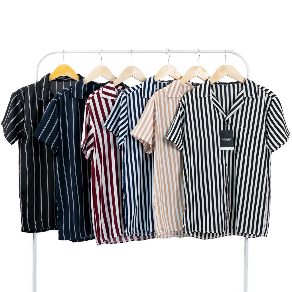 Ribsgold Kemeja Pria Lengan Pendek Shirt Man Bowling Katun Rayon kerah stripe  panjang santai casual