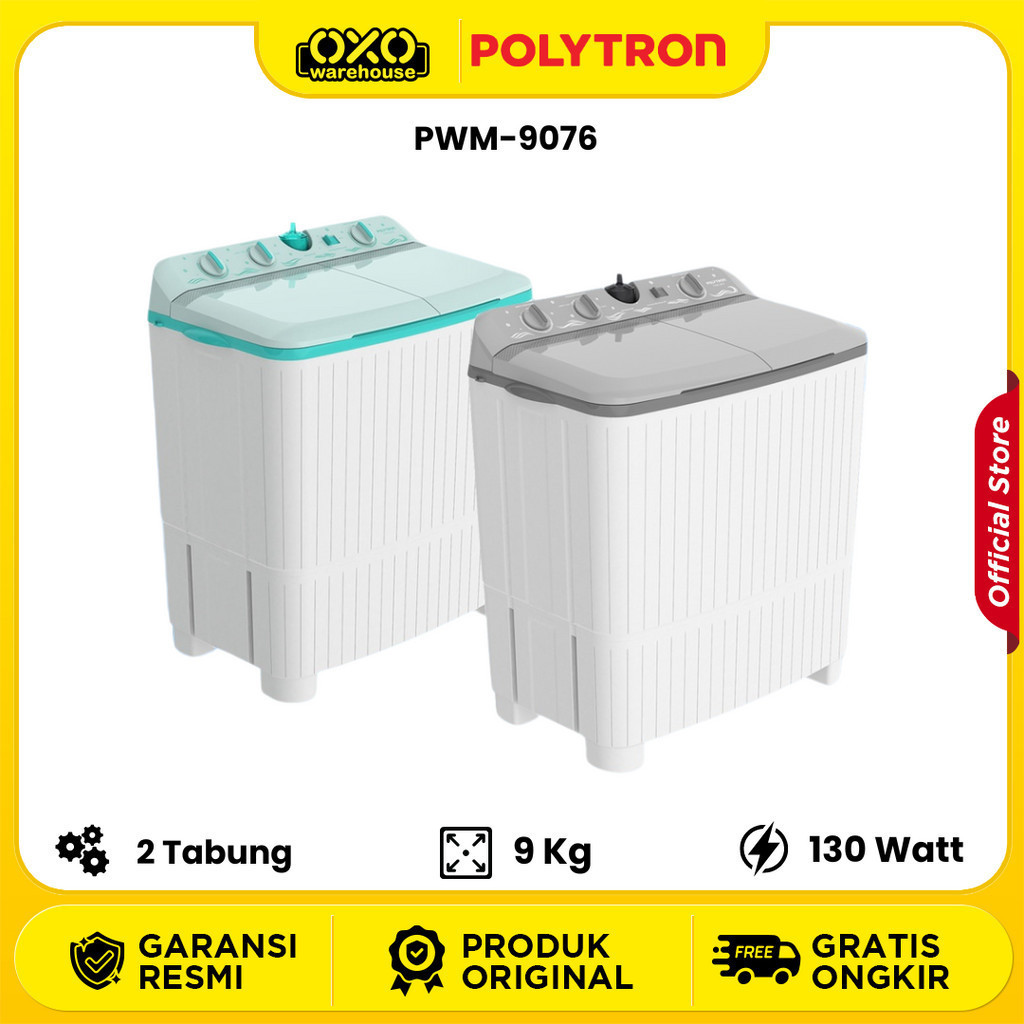 promo POLYTRON Mesin Cuci 2 Tabung 9 KG Samba Series Hijab - PWM 9076 Garansi Resmi Twin Tube Murah 