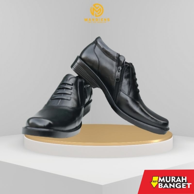 Sepatu pdh- MANDIENS 02B - Sepatu Kulit Oxford Pria Pdh Pendek Kulit Asli Hitam Dof Resleting Tali M