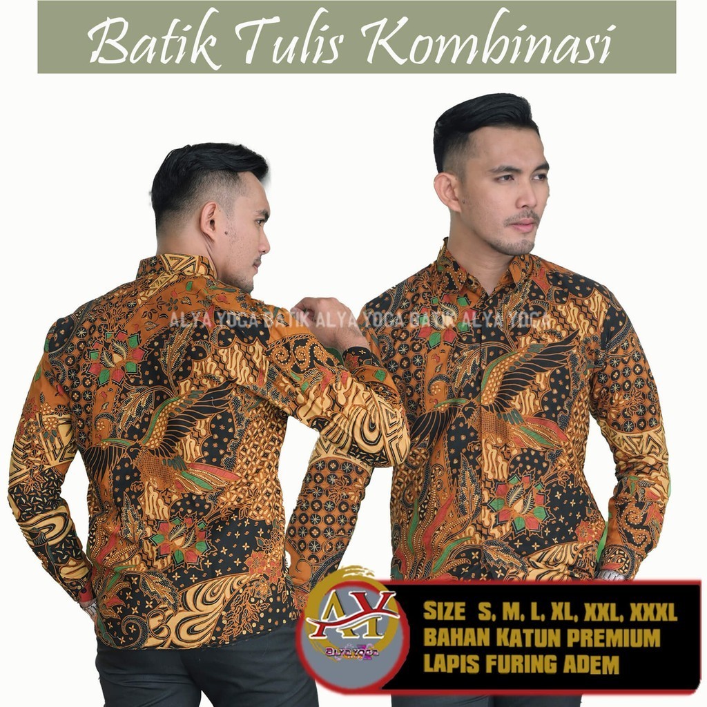 Batik Tulis Kombinasi Atasan Kemeja Batik Pria Lengan Panjang Slimfit Premium