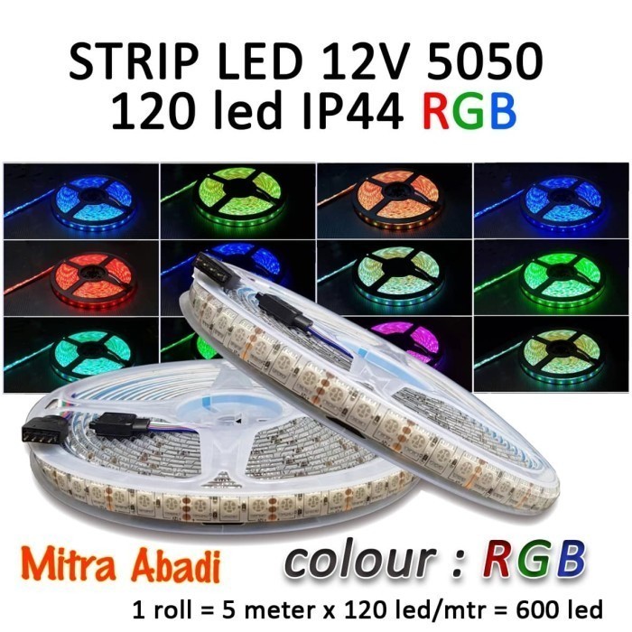 Lampu LED Strip SMD 5050 RGB 120 LED/Meter DC 12V IP44 WATERPROOF