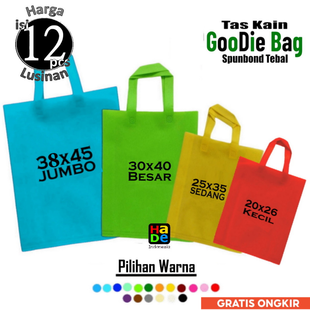 

1 Lusinan isi 12 Tas Kain Spunbond Goodie Bag Handle / Tali Ukuran Jumbo Besar Kecil 20x26 25x35 30x40 38x45 Kantong Belanja Bingkisan Sembako Hampers Dus Nasi kotak Tasyakuran tile Souvenir Ultah Ulang tahun anak Paper bag Hantaran Berkat Besek Hajatan