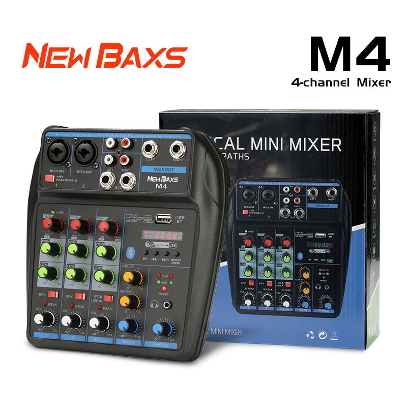 Style_Store.idn NEW BAXS M4/M4G audio mixer suara kecil 4 channel Mixer audio murah meriah bekas saluran built-in penyesuaian efek equalizer mendukung penyetelan mobil 12V MP3/Bluetooth/USB/PC Mixer audio murah meriah mobil