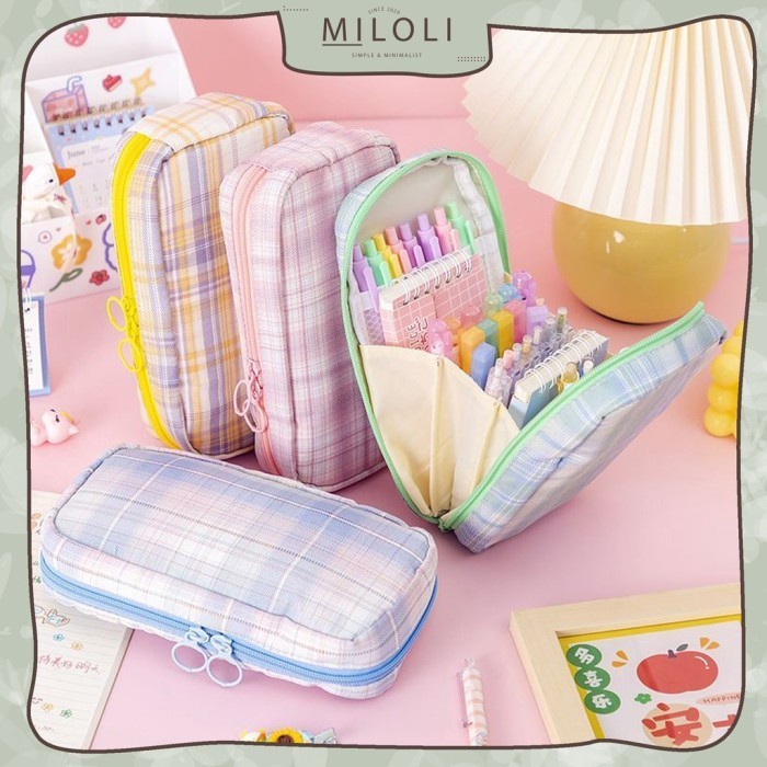 

✨LARIS✨ -TERBARU [MILOLI] Kotak Pensil Grid kanvas Macaron Kapasitas Besar