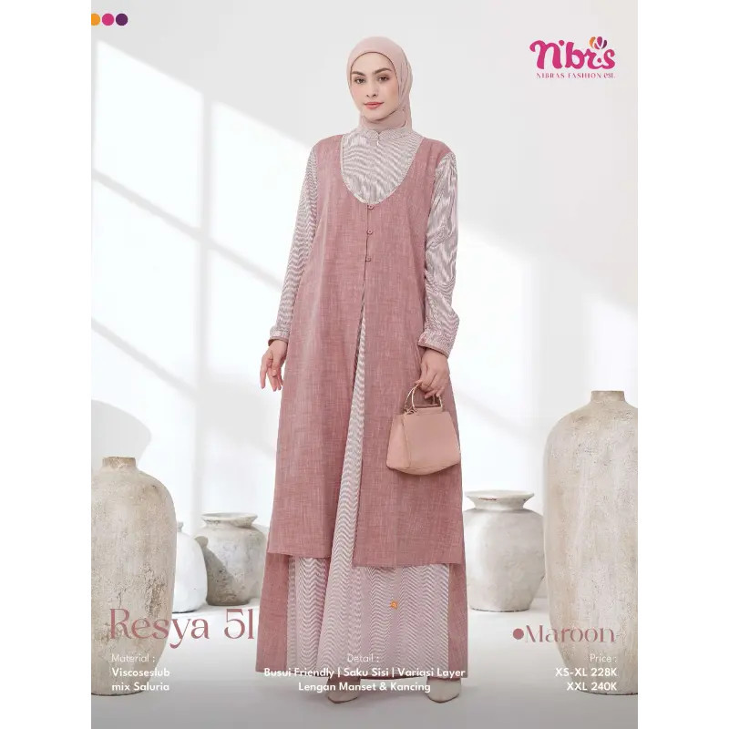 Nibras Gamis Wanita Kekinian Abaya Dress Muslimah Kondangan Syari Resya 51 Material Viscose Slub mix