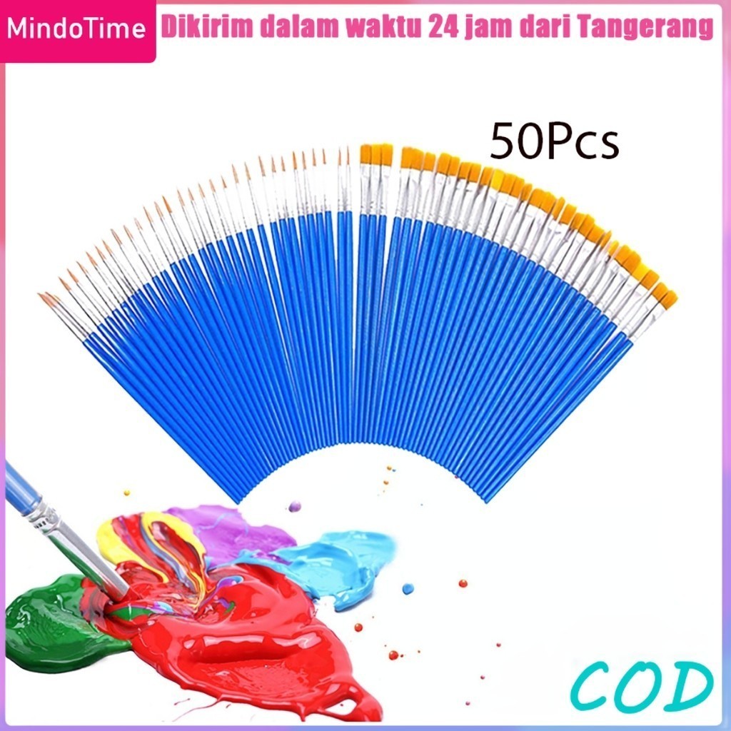 

50Pcs Brush/Kuas Cat Air Bulat/Datar Kuas Kecantikan Set Kuas Cat Minyak/Nilon+Klinker/Biru - Mindo
