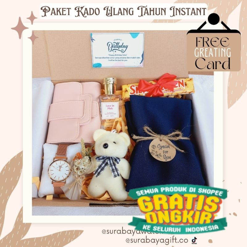 Paket Gift Box Cewek Hampers Ulang Tahun Paket Kado Wisuda Coklat Silverqueen Dompet Pashmina Hijab 