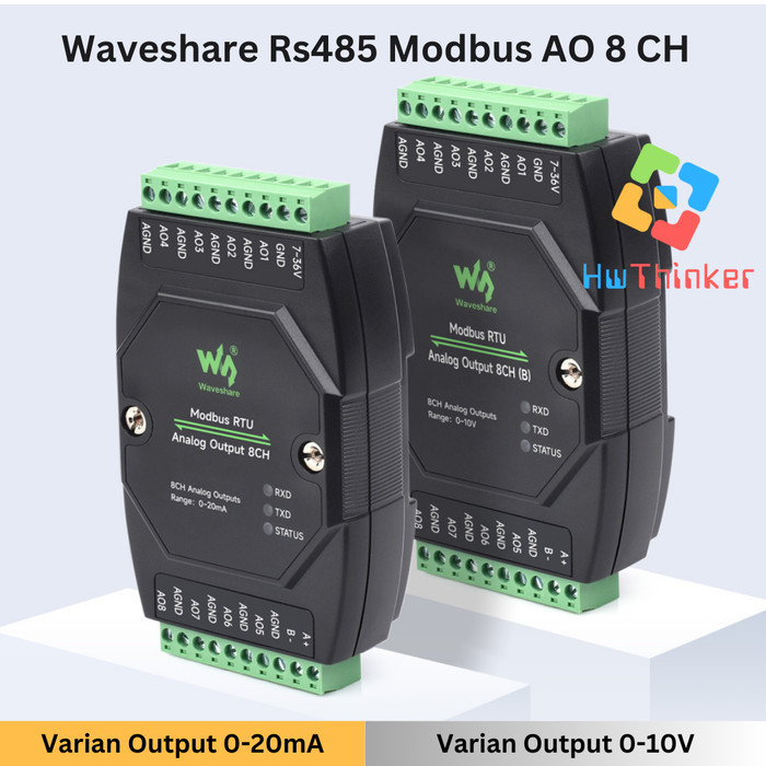 Waveshare Modbus RTU RS485 Analog Output 8CH (B) 8AO Isolated Voltage 0-10 or Current 0-20mA DIN RAI