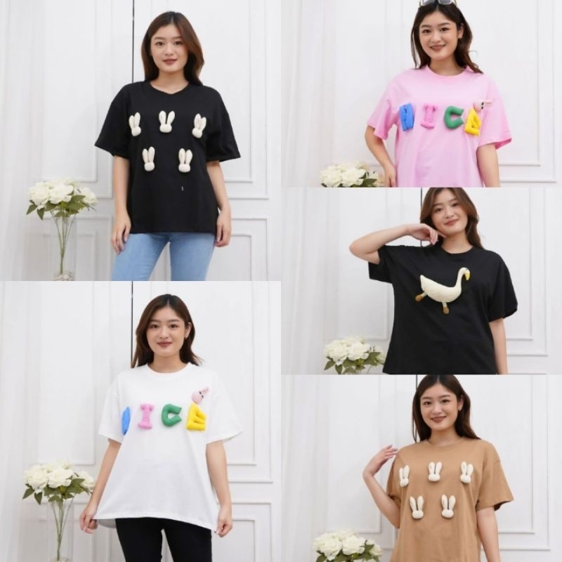 new✨ -POHOON/ KAOS WANITA MOTIF APLIKASI TIMBUL KEREN/ KAOS OVERSIZE LD 116-120 KATUN IMPORT KOREA F