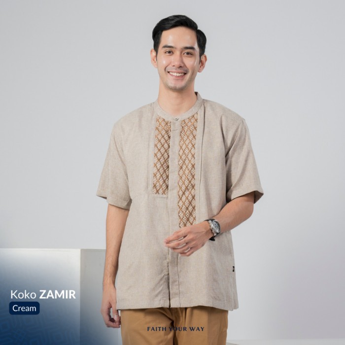 Muslimadani Baju Koko ZAMIR Dewasa Lengan Pendek Bordir Kerancang - CREAM, M