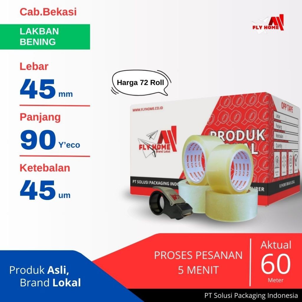 

FLYHOME 1Dus Lakban Bening 45x90Y 2inchi Solasi Uk Besar 72Roll ECO 90 yard CARGO
