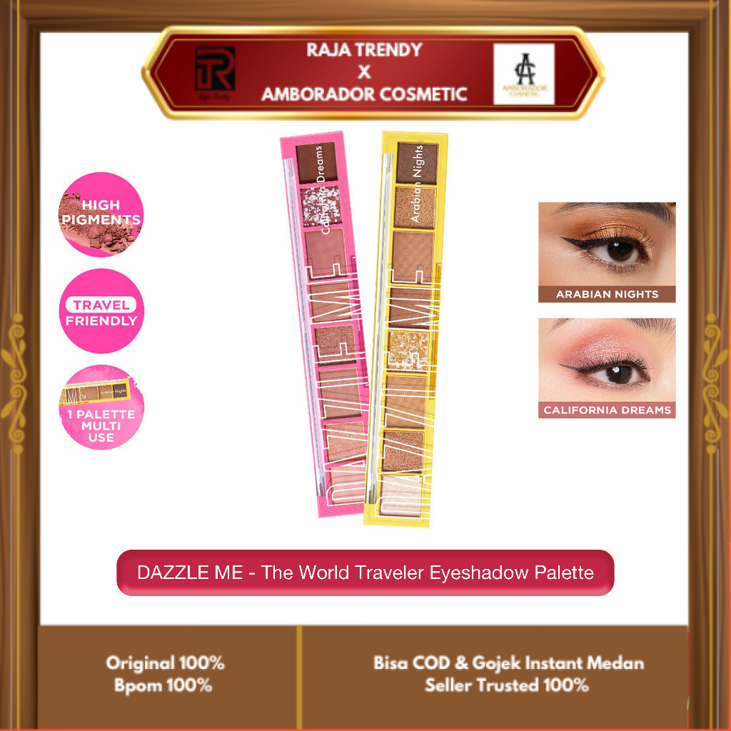 DAZZLE ME - THE WORLD TRAVELER EYESHADOW PALETTE - 8 warna Natural Matte Satin Glitter High Pigment 