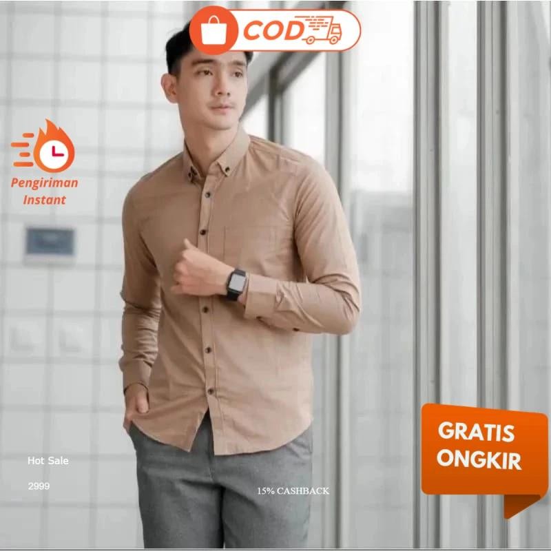 Hurley Kemeja Pria  Kemeja Cowok Polos Lengan Panjang Slimfit Hem Pria Polos Kantor Warna Coklat