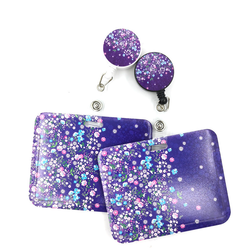 

Purple Flowers Retractable Badge Lanyard Nurse ID Business Work Card Badge Holder Office Student Clips Card Cover Holder Bag