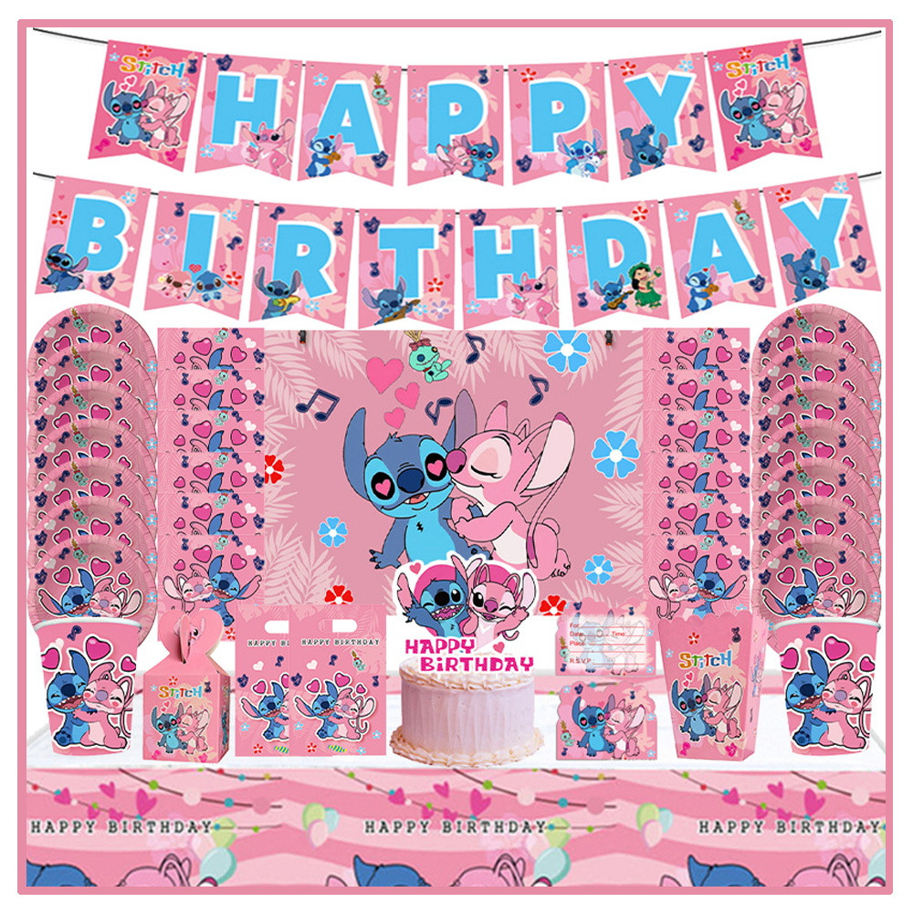 

Disney Stitch Birthday Party Decorations Supplies Pink Lilo&Stitch Angle Paper Plates Napkins Cup Balloons Tableware Baby Shower