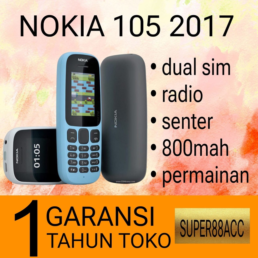 HP NOKIA 105 2017 (BARU) (HITAM) [GARANSI 1 TAHUN] - HP Jadul Dual SIM, Baterai Awet, Radio, Senter