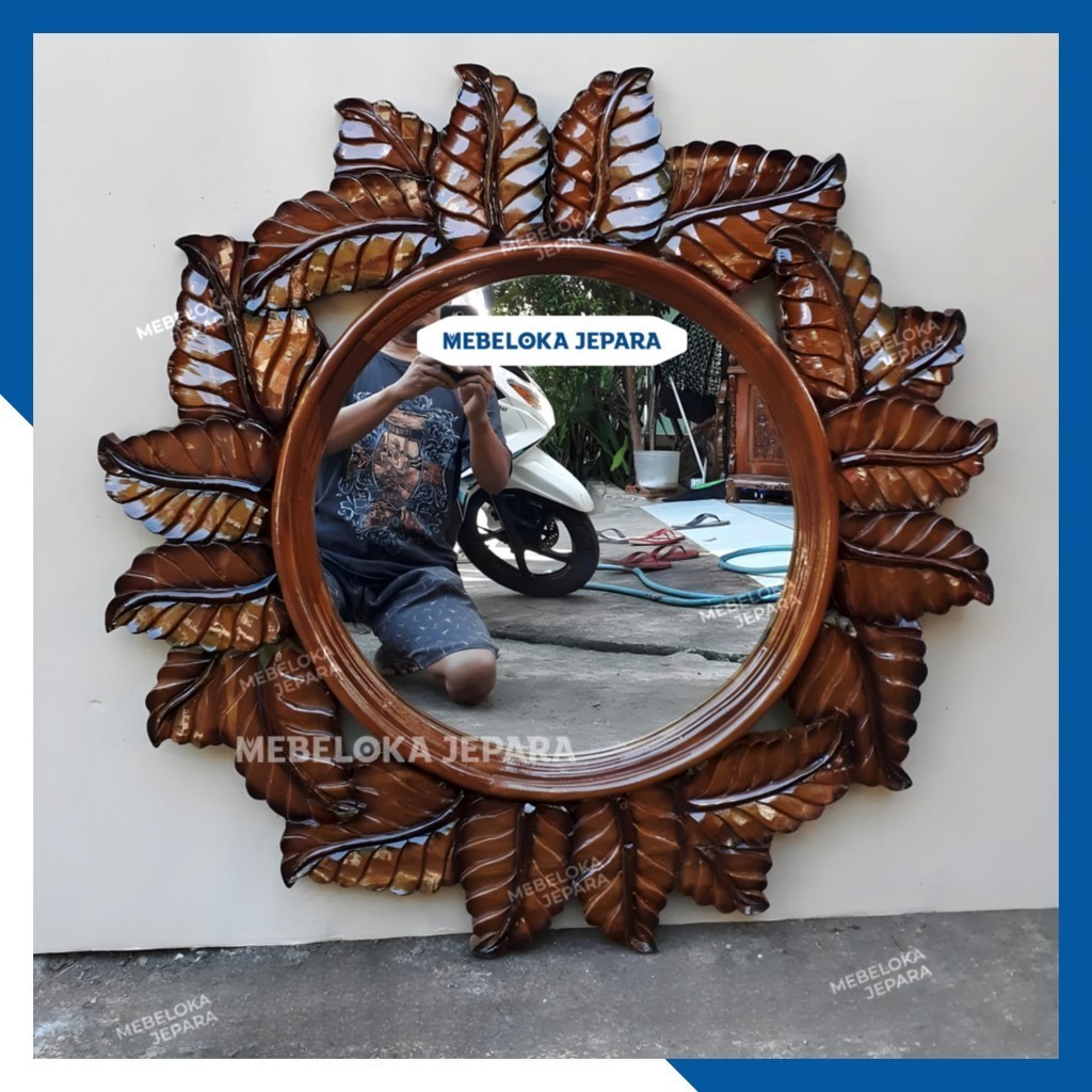 Cermin dekorasi dinding kayu jati ukiran daun. Frame cermin dekorasi hias dinding ukiran