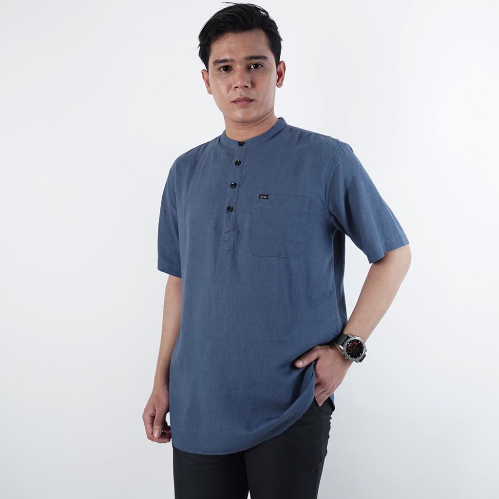 Kurta Linen by AlKhair - Kemko Biru Modern Lengan Pendek kancing setengah Koko Polos koko linen Koko