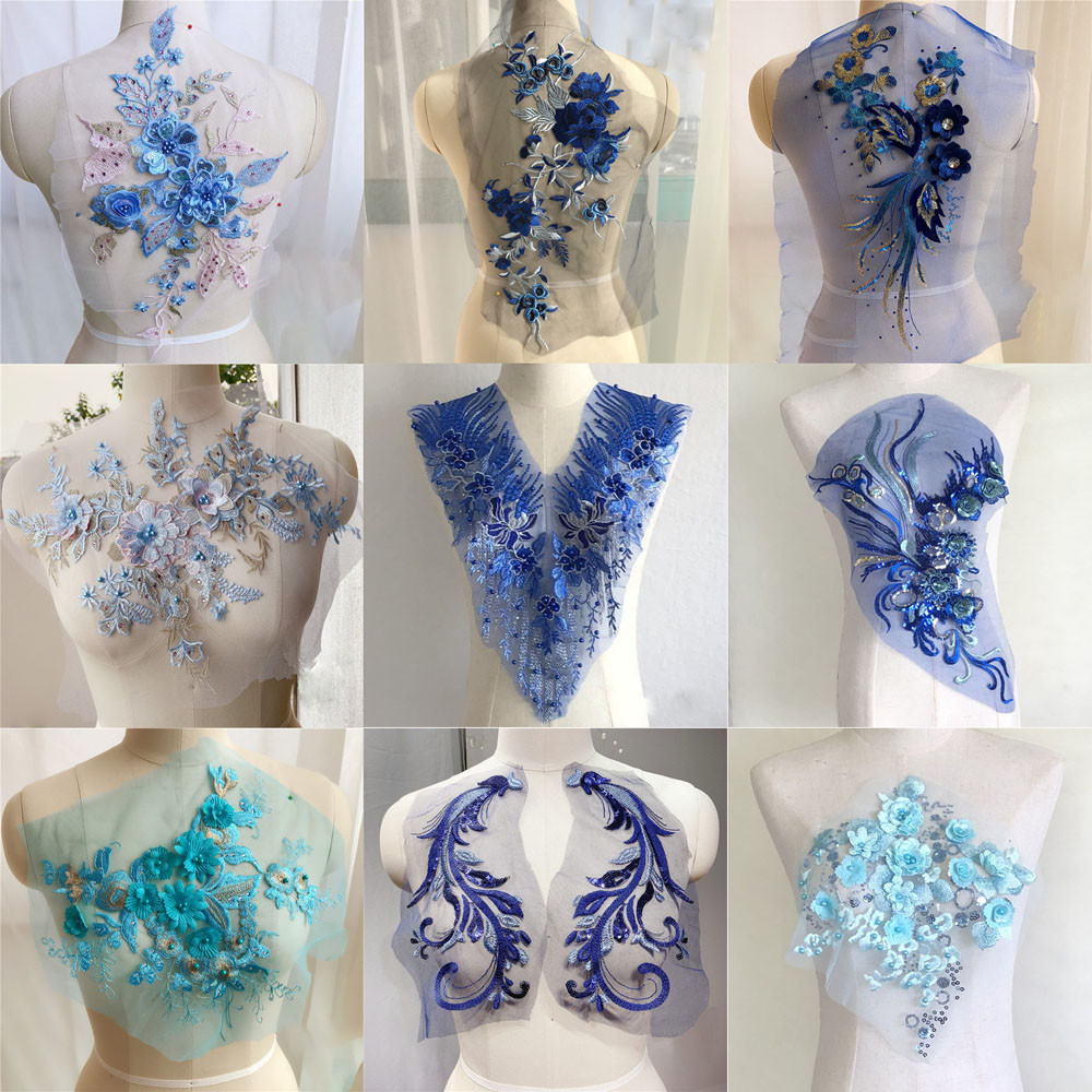 

Embroidered Flowers Appliques Lace Fabric Wedding Gown Lace Trims Collar Mesh Sew Patch For Dress DIY Decoration