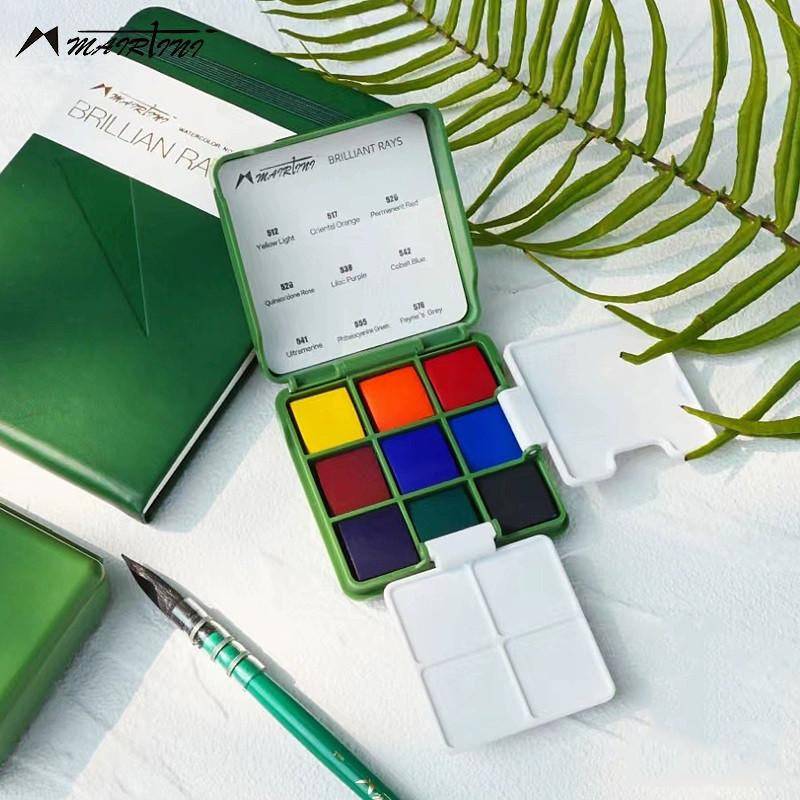 

MAIRTINI Travel Watercolor Paint Set 9-color Mini Portable Palette Solid Watercolor Paint Sketching Painting Brush Art Supplies