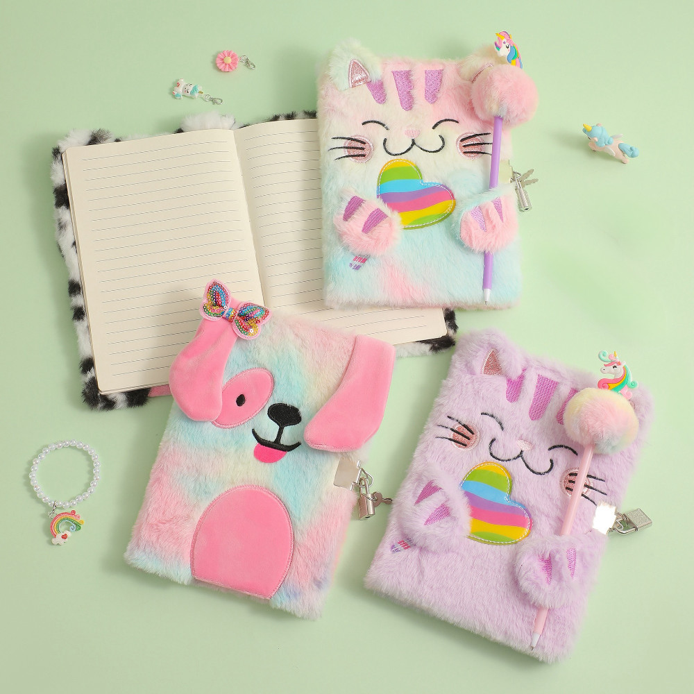 

Cartoon Plush Cat Notebook with Lock Student Diary Cute Furry Writing Notepad Children's Stationery Portable Pocket Ledger Book