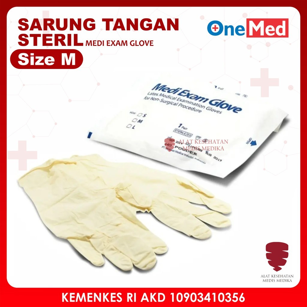 Sarung Tangan Medi Exam Glove Sterile Ukuran M Onemed Medis Handscoon Handscon Handskun Karet Latex 