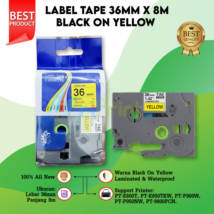 

Compatible Label Tape Laminated TZE-661 36mm X 8m Black On Yellow Cassette Printer Bro PT-E800T PT-E850TKW PT-P900W PT-P950NW PT-9800PCN