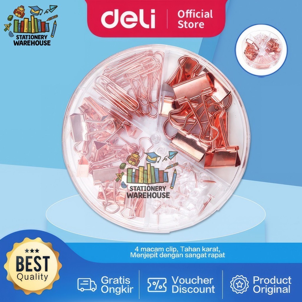 

Deli Office Combination Penjepit kertas / Paper Clip Binder Clip and Push Pin Rose Gold 78553