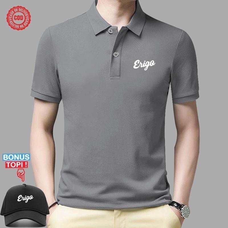 GRATIS  TOPI  Baju Polo Kerah Distro Erigo Terkini Text Putih Lengan Pendek Premium Quality (Bisa Co