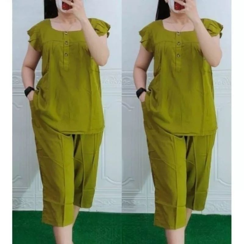 Setelan Bangkok7/8 Rayon Premium / One Set Rayon Kancing 3 / Baju Set Wanita all sz