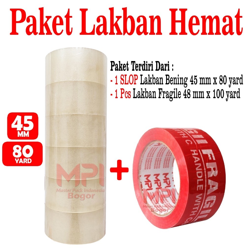 

PAKET LAKBAN HEMAT - 1 SLOP Lakban Bening MPI 45 mm x 80 yard + 1 Pcs Lakban Fargile Merah 48 mm x 100 yard - Master Pack Indonesia Bandung