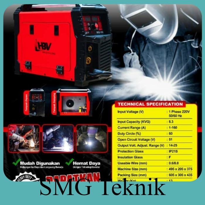 Berkualitas HBV MIG-160 MESIN LAS MIG TANPA CO2 GASLESS TRAVO LAS CO2 FLUX CORED GYJ906