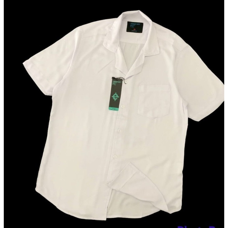 kemeja putih polos pria lengan pendek COTTON RAYON kemeja korea - Putih, M kerah piyama