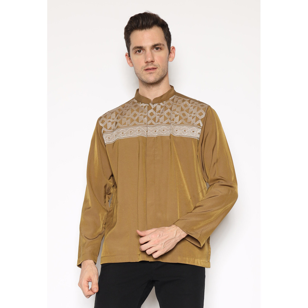 LARUSSO Kemeja Koko Bordir Lengan Panjang Pria  - Khaki