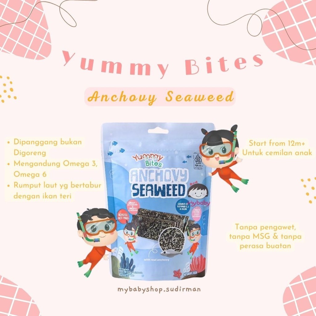 

Yummy Bites Anchovy Seaweed 30 GR (rumput laut dengan taburan ikan teri) - Snack Sehat Cemilan Anak