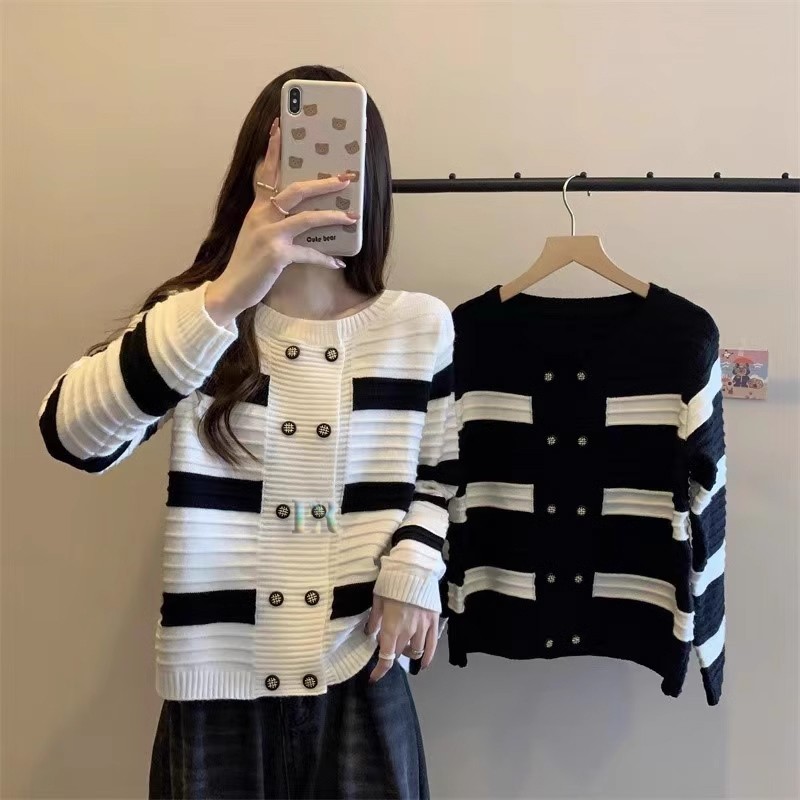 Atasan Wanita Remaja Dewasa Sweater Stripe Oversize Bahan Rajut Full Kancing Hidup Lengan Panjang Ca