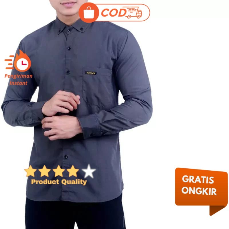 Hurley Kemeja Pria  Kemeja Cowok Polos Lengan Panjang Slimfit Hem Abu Panjang