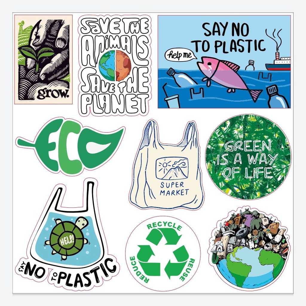 

Sticker Stiker Pack Go Green Save Earth Recycle No Plastik - Stiker Vinyl High Quality