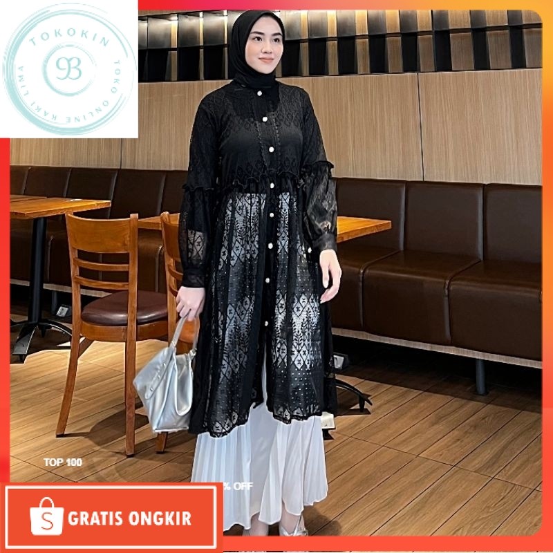 Black Outer Brukat Cardigan Brokat Lengan Panjang atasan outher brukat Outer Brokat outer Tulle oute