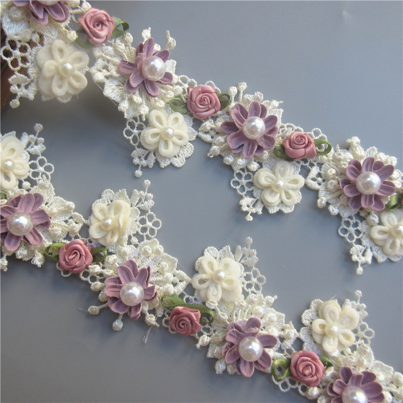 

1 Yard Rose Flower Pearl Embroidered Lace Trim Ribbon Fabric Sewing Applique Supplies Craft For Costume Dress Hat Decoration