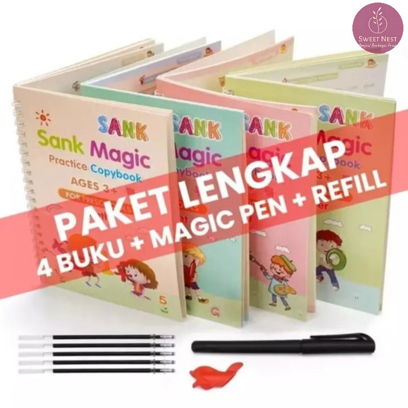 

Buku Belajar Baca Tulis Hitung Gambar 1 Set dapat 4 Buku + magic pen + Refill untuk anak TK dan Paud