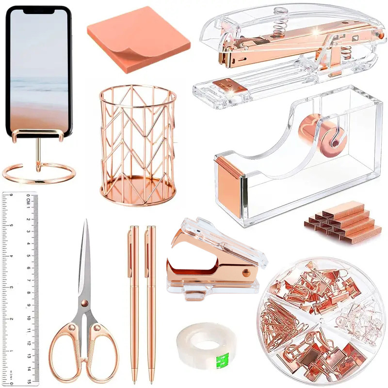 

Rose Golden Desk Accessories Acrylic Stapler Staples Remover Tape Holder Pen Holder Ballpoint Pen Scissors Binder Staples Phone