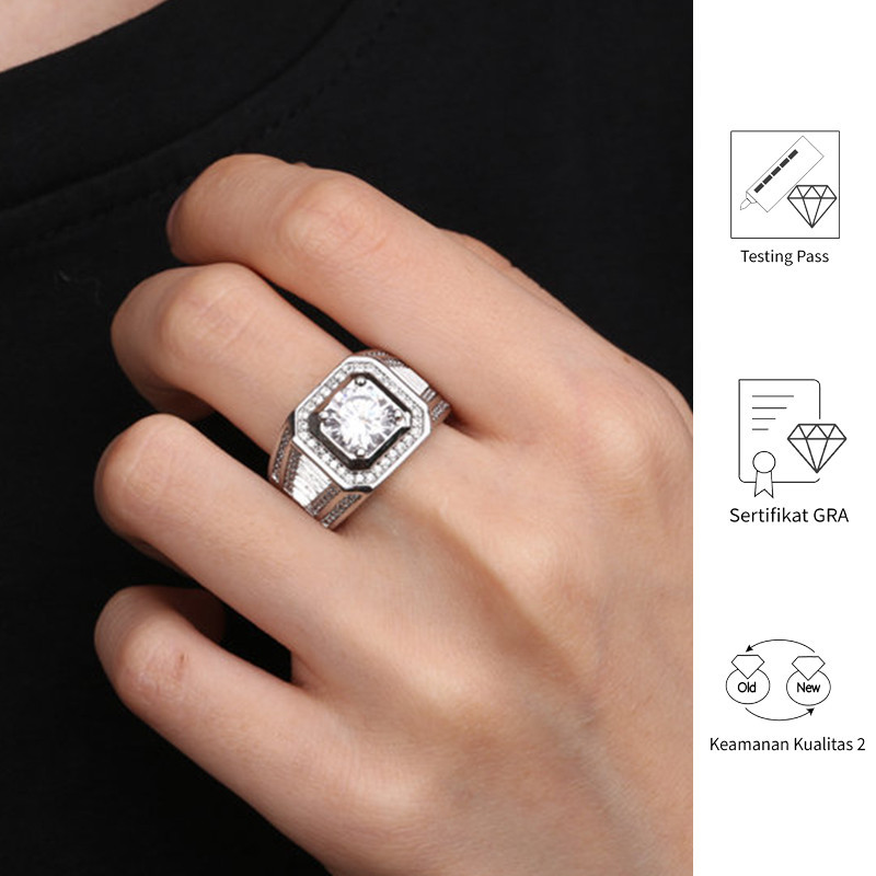 FULIN Cincin Pria Moissanite 2 Karat Sertifikat GRA